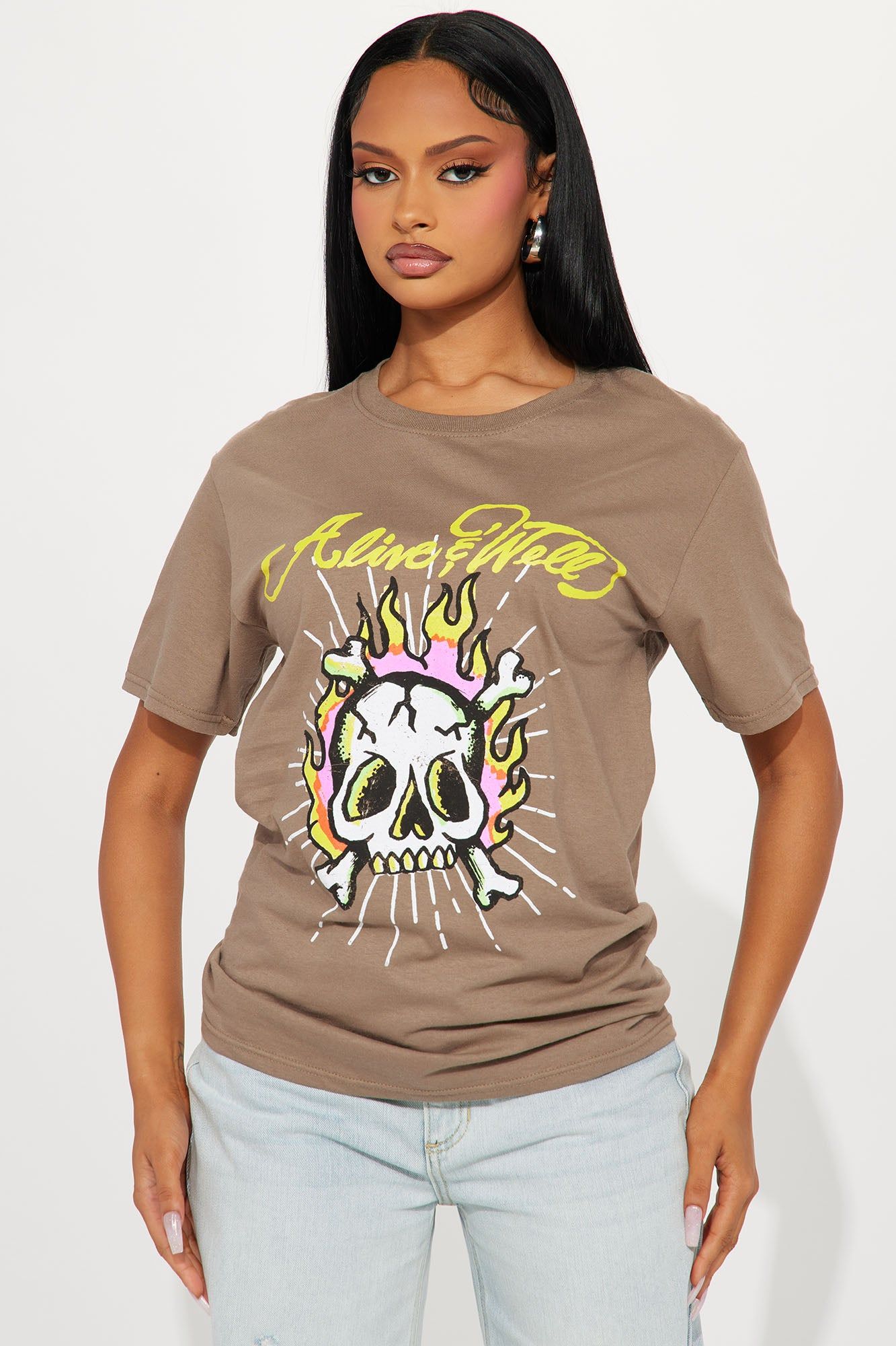 Alive And Well Skull Graphic Tee - Taupe sold by Fashion Nova