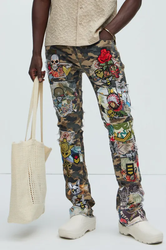 Got Me Patched Up Stacked Skinny Flared Pants - Camouflage sold by Fashion Nova
