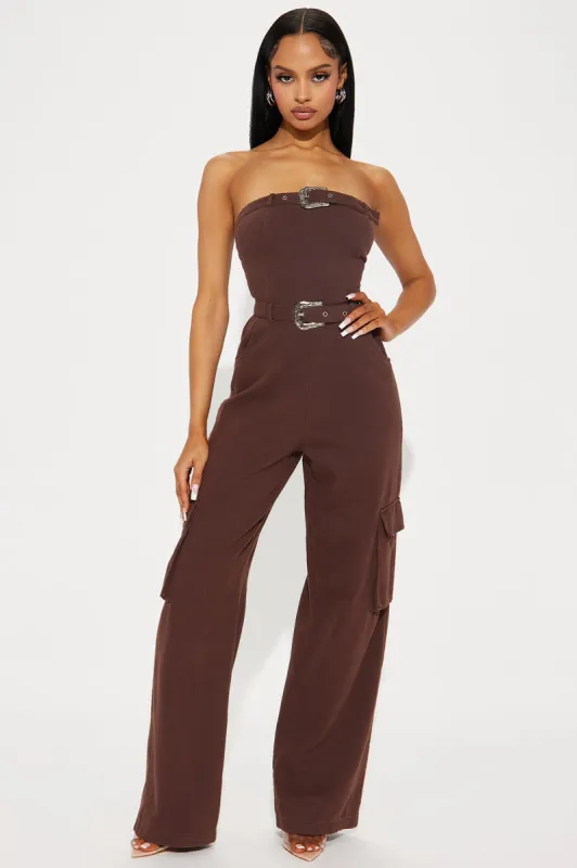Be Somebody Denim Jumpsuit  - Brown sold by Fashion Nova