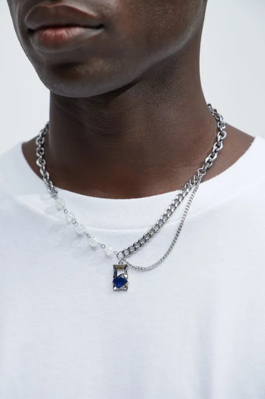 Easton Multi Chain Beaded Necklace - Silver/Blue sold by Fashion Nova