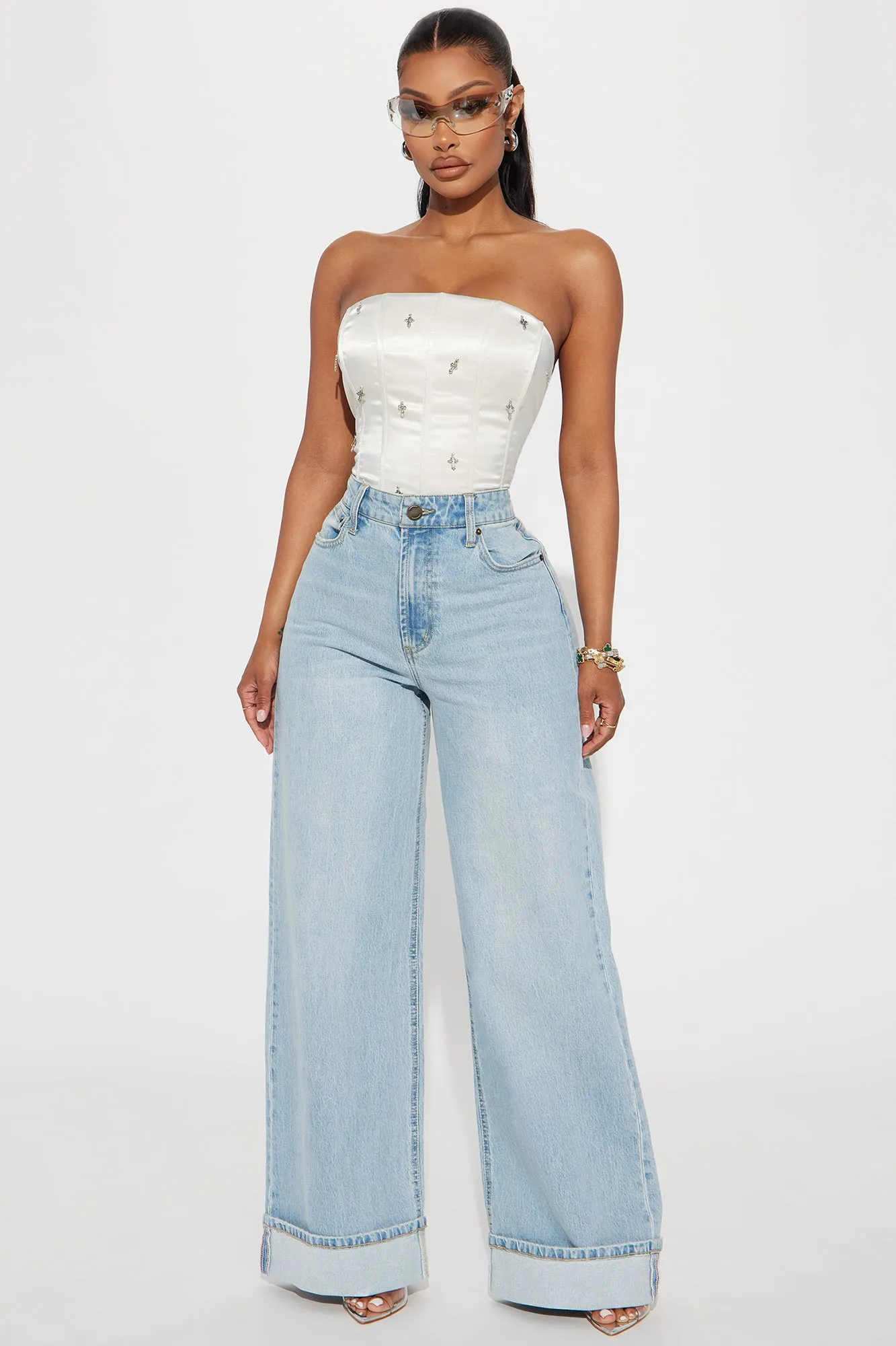 Anika Cuffed Wide Leg Jeans - Light Wash sold by Fashion Nova