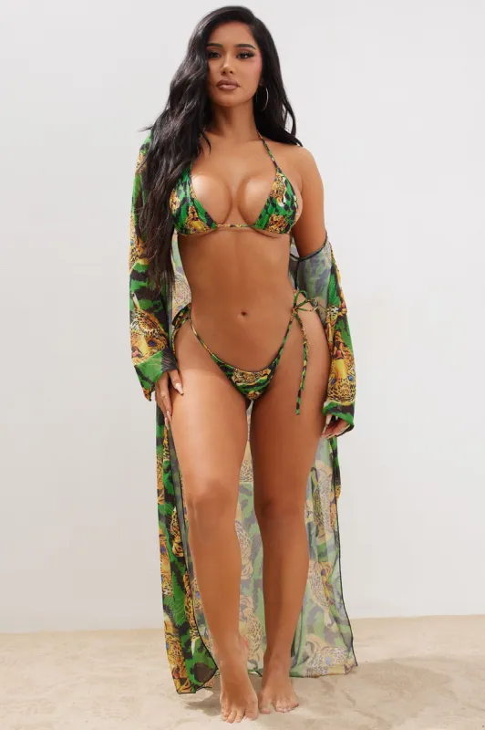 Xyla Leopard 3 Piece Bikini Set - Green/combo sold by Fashion Nova