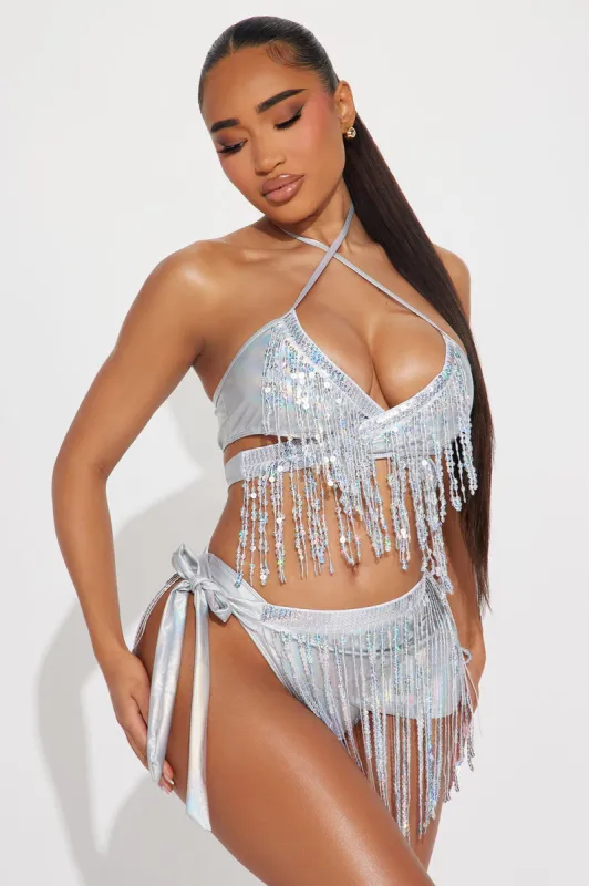 Rosalina Sequin Fringe 3 Piece Bikini Sunsuit - Silver sold by Fashion Nova
