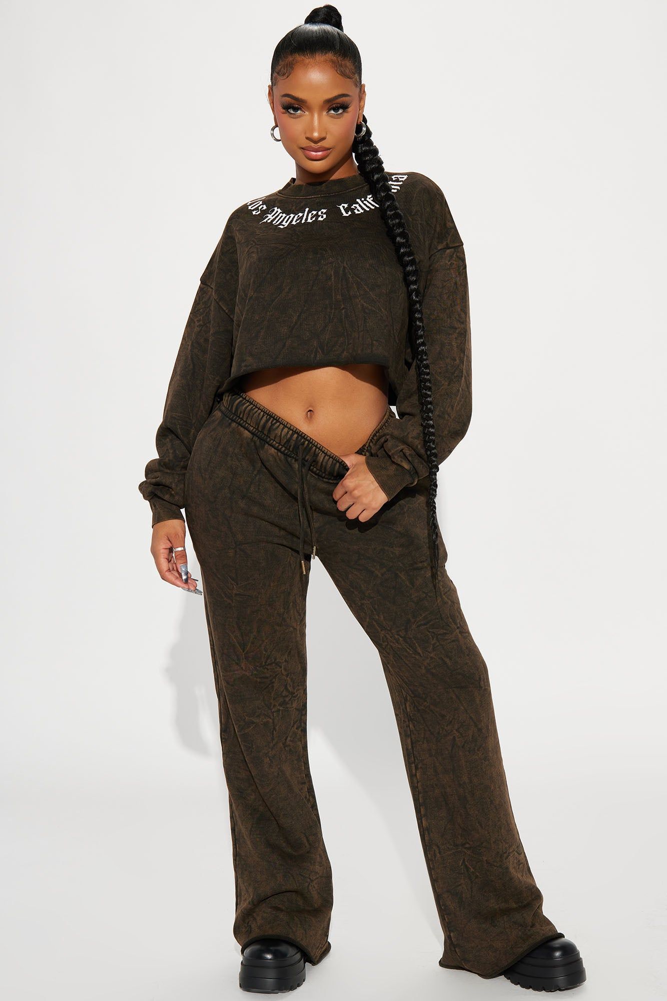 Living A Cali Dream Mineral Wash Pant Set - Brown sold by Fashion Nova