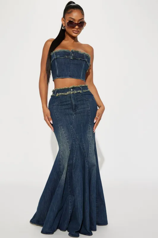 Britney Denim Maxi Skirt Set - Dark Wash sold by Fashion Nova