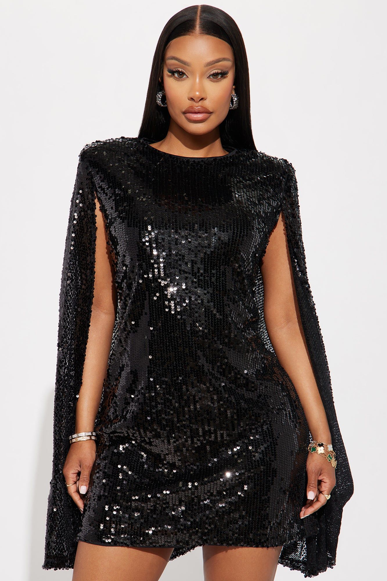 Cape Sequin Mini Dress - Black sold by Fashion Nova
