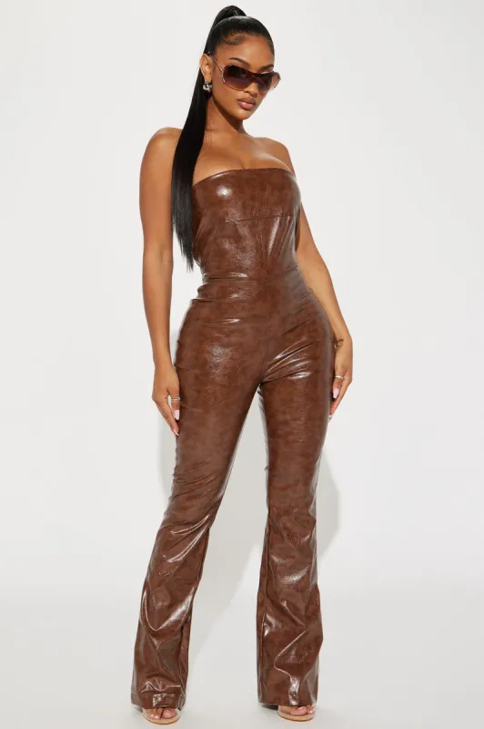 Azaria Faux Leather Jumpsuit - Brown sold by Fashion Nova