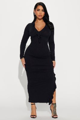 Lizzie Ribbed Midi Dress - Black sold by Fashion Nova