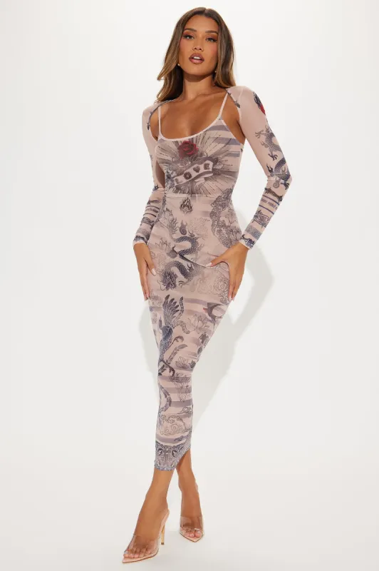 Temporary Tattoo Mesh Maxi Dress - Nude/combo sold by Fashion Nova