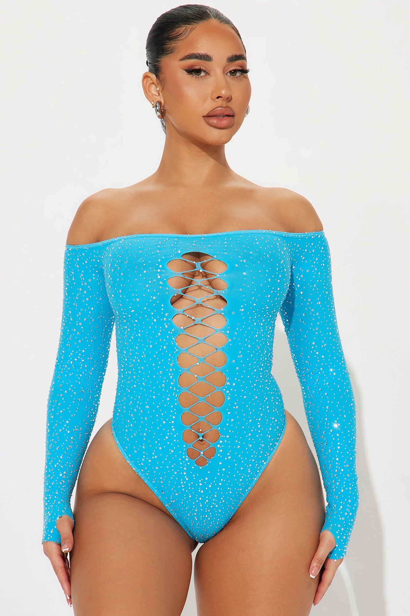 All That Glitters Seamless Bodysuit - Aqua sold by Fashion Nova