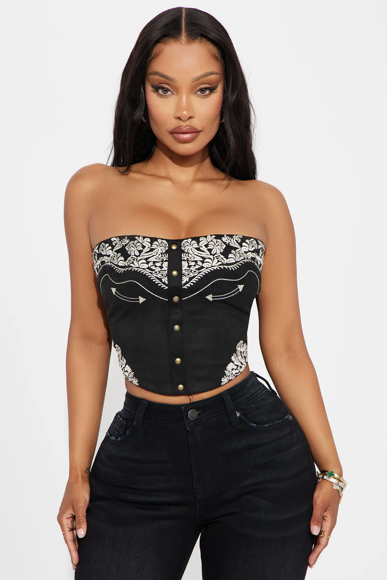 Valerie Faux Suede Embroidered Top - Black/combo sold by Fashion Nova
