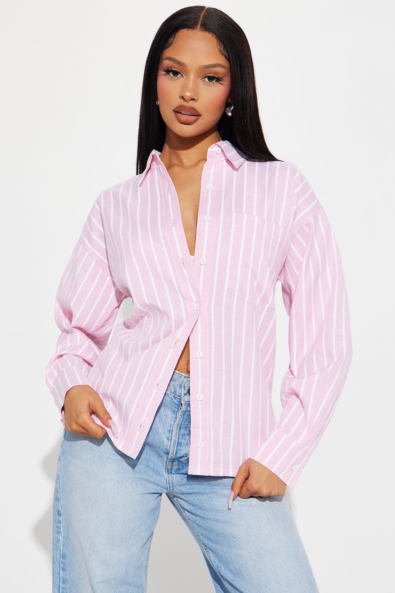 Taylor Striped Linen Shirt - Pink sold by Fashion Nova