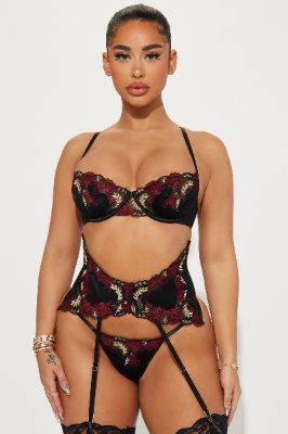 Adore You Embroidered Satin 3 Piece Garter Set - Black/combo sold by Fashion Nova