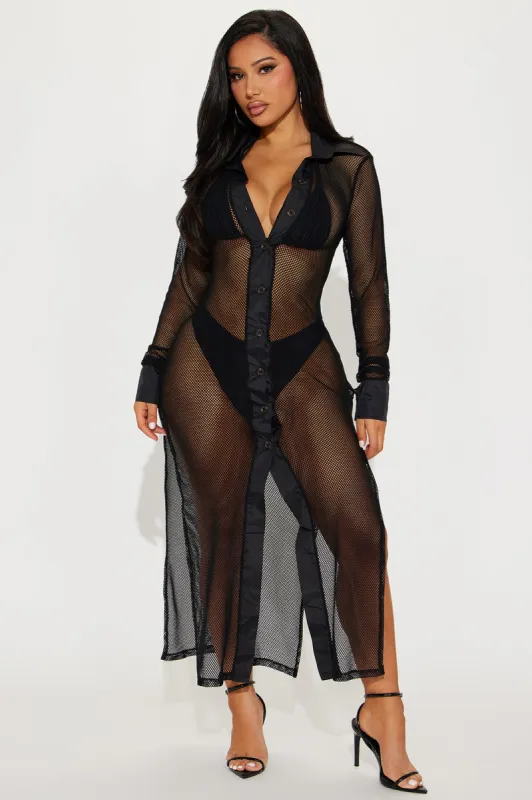 Sultry Sun Fishnet Cover Up Dress - Black sold by Fashion Nova