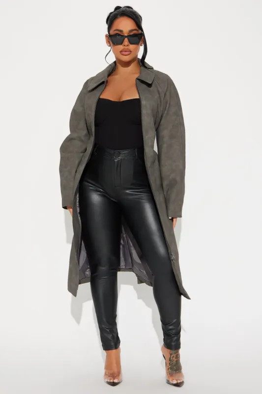 Ayana Washed Faux Leather Trench - Charcoal sold by Fashion Nova