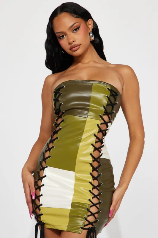 Last Strike Faux Leather Mini Dress - Olive sold by Fashion Nova