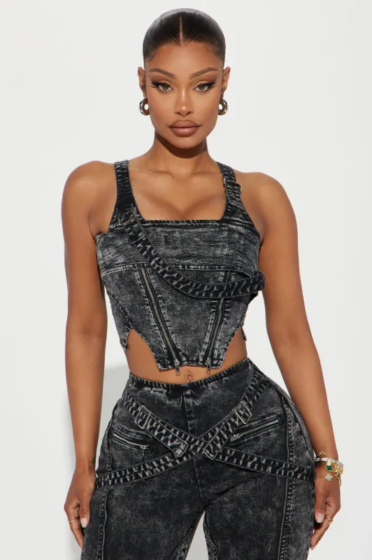 Without Warning Strappy Denim Top - Acid Wash Black sold by Fashion Nova