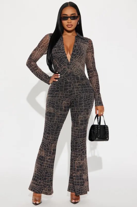 Sienna Mesh Jumpsuit - Brown/combo sold by Fashion Nova
