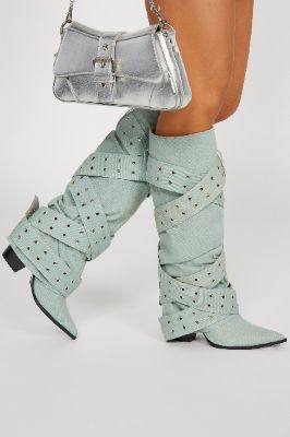 Tie You Down Overlay Boots - Light Wash sold by Fashion Nova