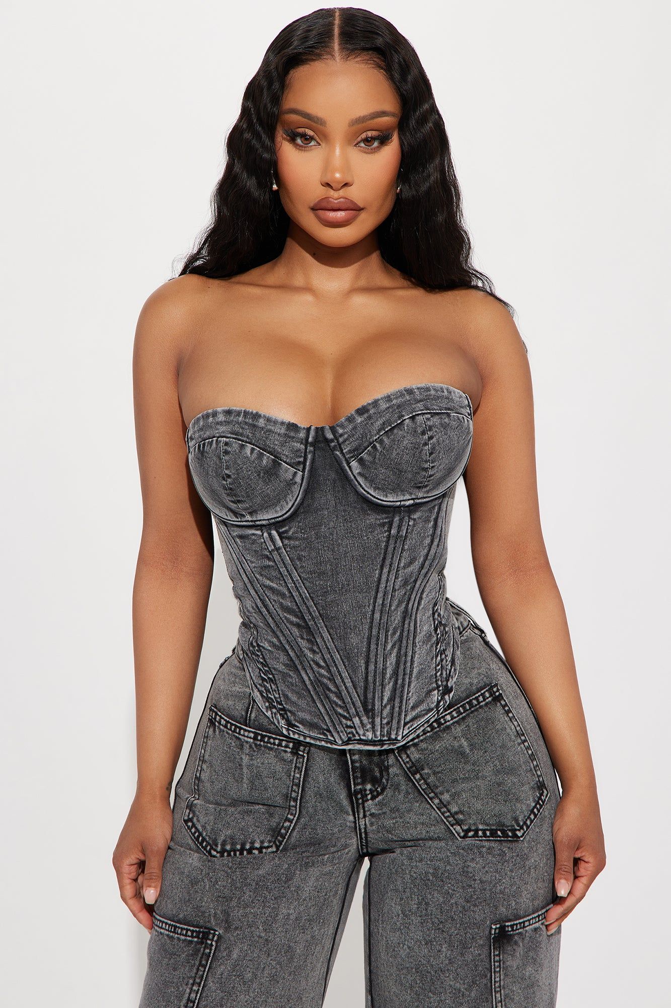 Bae For Tonight Denim Corset Top - Black Wash sold by Fashion Nova