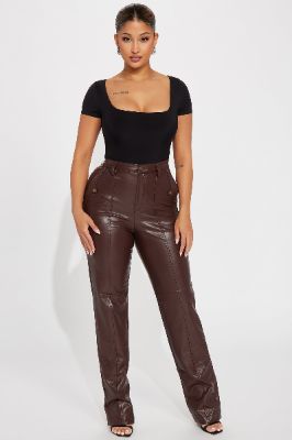 The Celine Faux Leather Pant - Chestnut sold by Fashion Nova