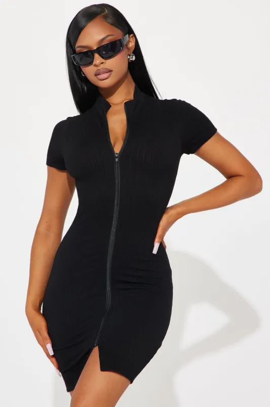 Deena Zip Front Mini Dress - Black sold by Fashion Nova