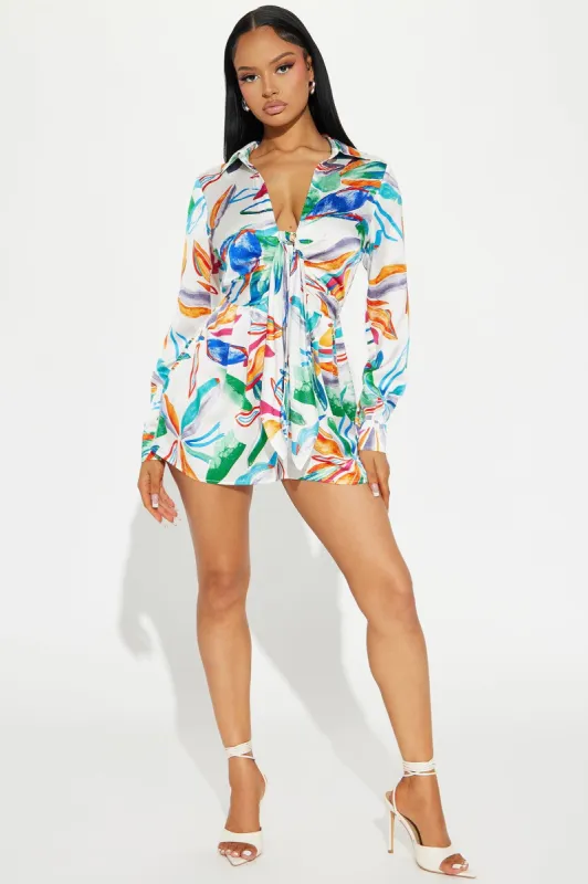 Tropical Resort Satin Romper - Ivory/combo sold by Fashion Nova