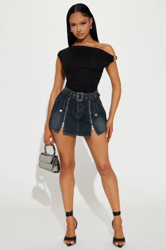 Hot Gossip Tinted Denim Mini Skort - Dark Wash sold by Fashion Nova