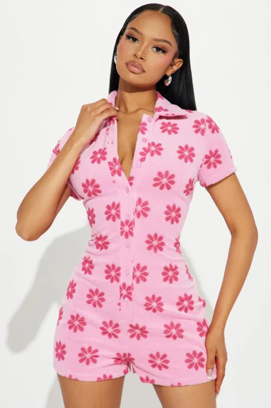 Flower Fields Terry Cloth Romper - Pink/combo sold by Fashion Nova