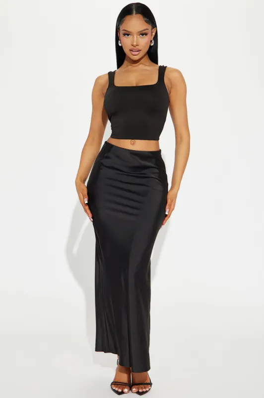 Brunch to GNO Satin Maxi Skirt - Black sold by Fashion Nova