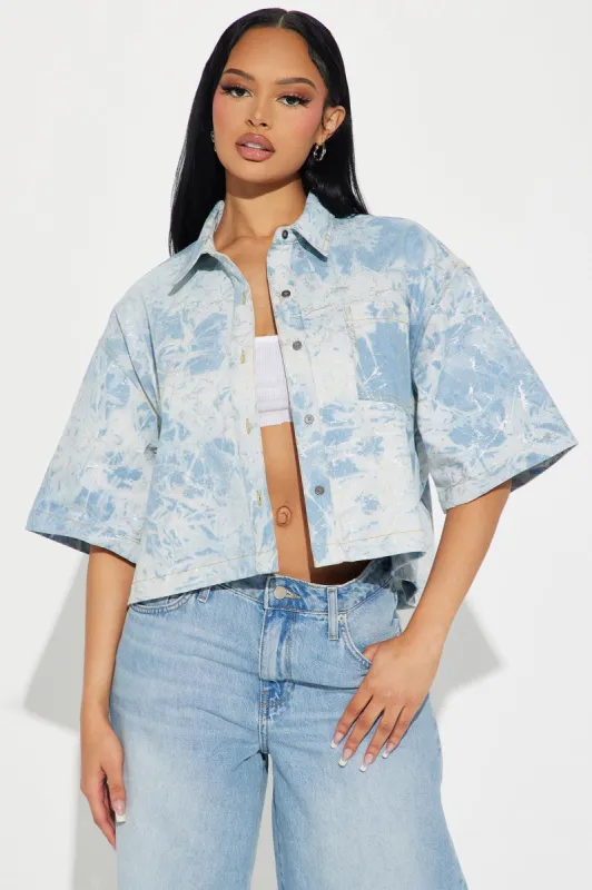 Storm Watch Metallic Denim Shirt - Light Wash sold by Fashion Nova