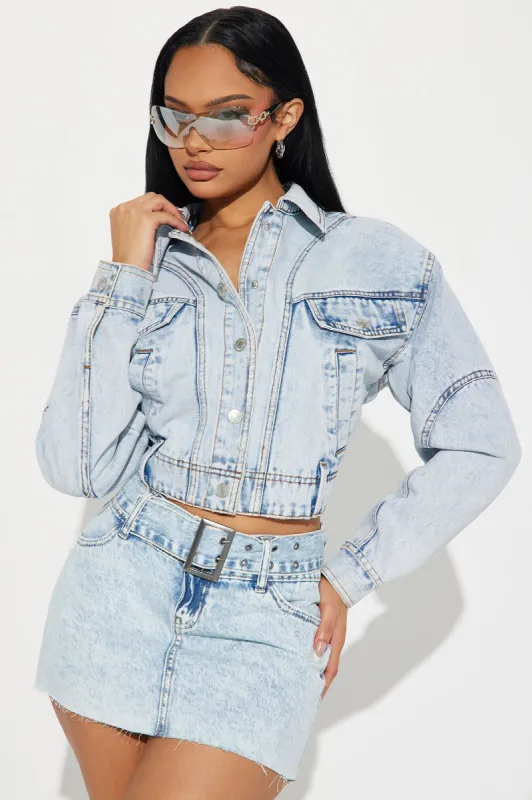 Maxed Out Moto Denim Bomber Jacket - Light Wash sold by Fashion Nova