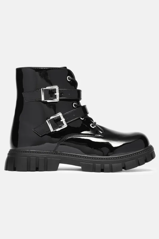 Mini Patent PU Buckled Boots - Black sold by Fashion Nova