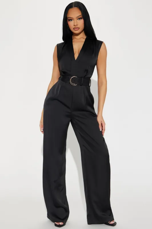 Hustle And Grind Satin Jumpsuit - Black sold by Fashion Nova