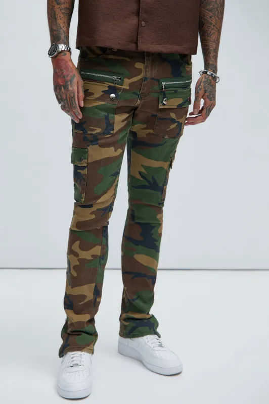 On The Verge Waxed Cargo Zipper Flare Pants - Camouflage sold by Fashion Nova