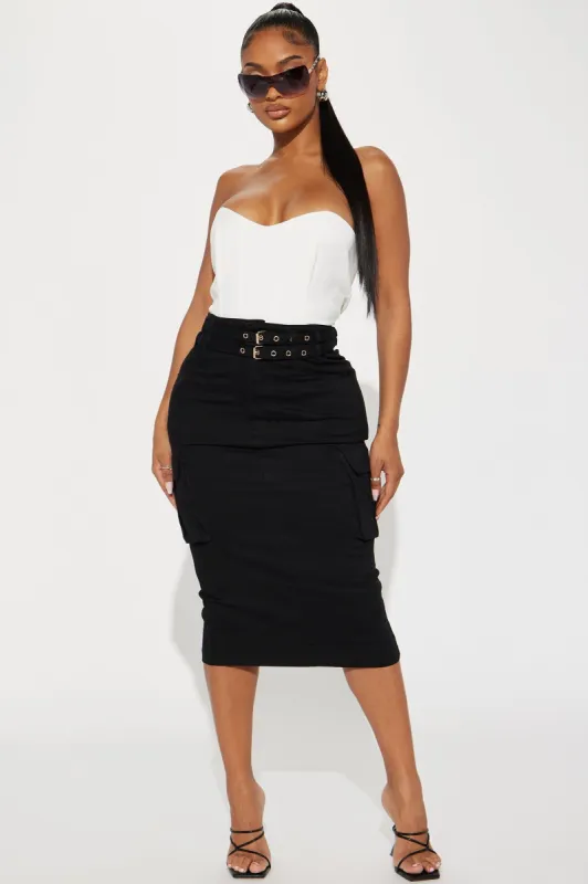 Marilyn Belted Cargo Midi Skirt - Black sold by Fashion Nova