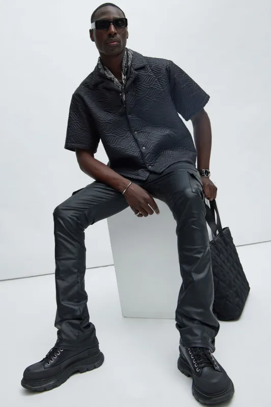 On The Verge Waxed Cargo Zipper Flare Pants - Black sold by Fashion Nova