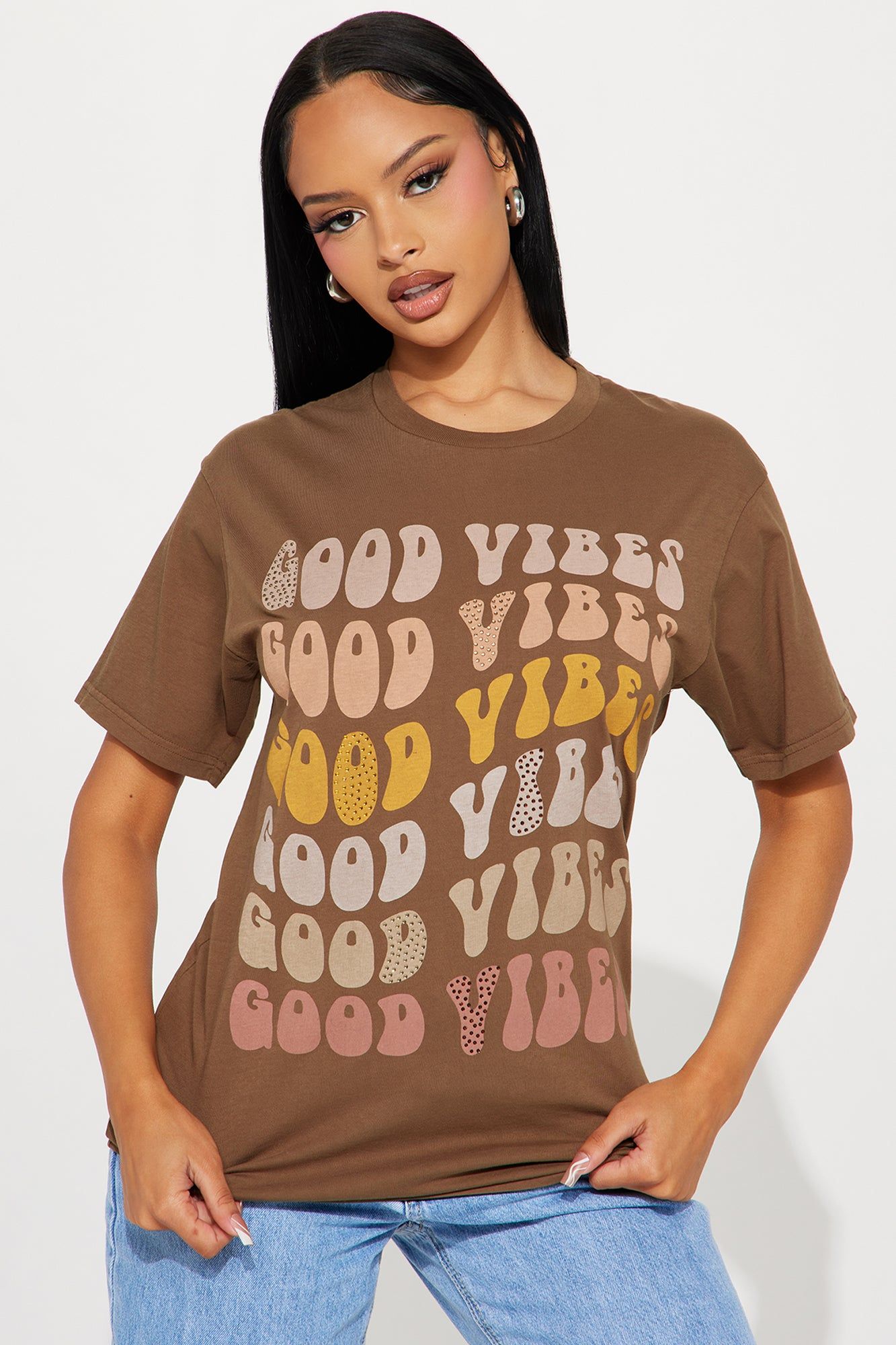 Nothin But Good Vibes Washed Tee - Brown Combo sold by Fashion Nova