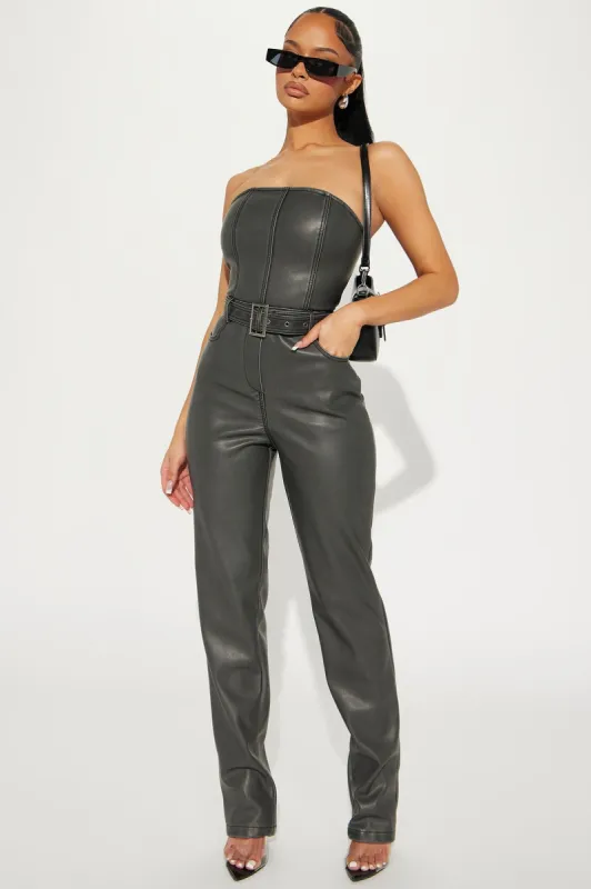 Riding Down This Road Faux Leather Jumpsuit - Charcoal sold by Fashion Nova