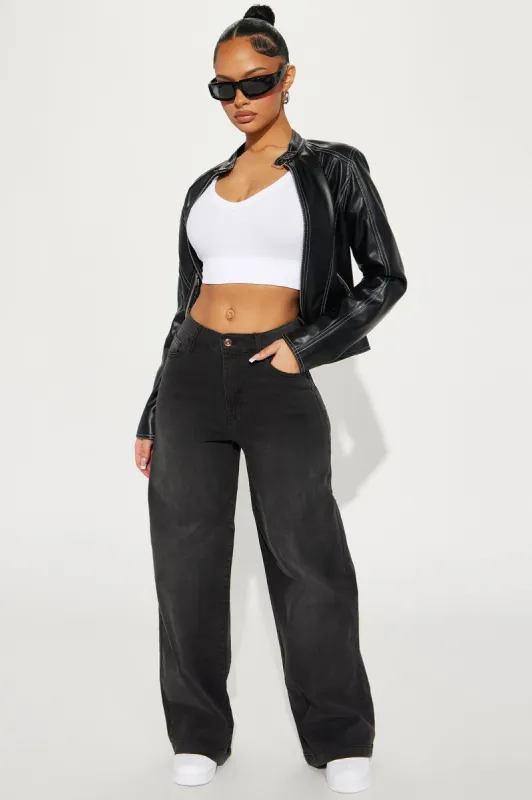In The Swing Of It Elastic Waistband Wide Leg Jeans - Black sold by Fashion Nova