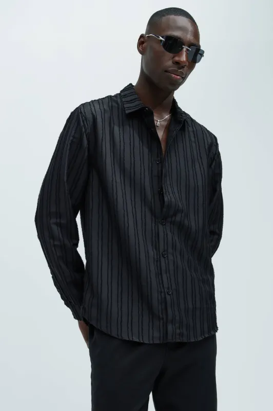 Frederick Frayed Long Sleeve Shirt - Black sold by Fashion Nova