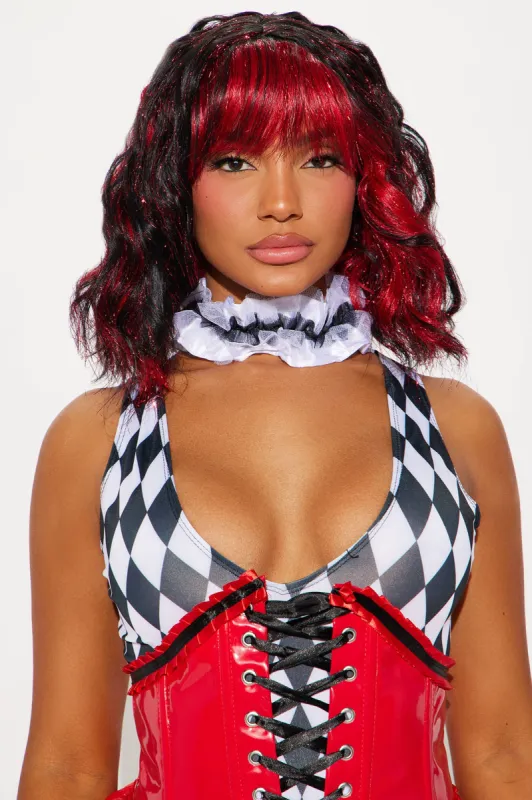 Jester Babe Shimmer Costume Wig - Black/Red sold by Fashion Nova