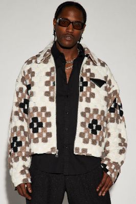 Gaston Jacquard Cropped Jacket - Brown/combo sold by Fashion Nova