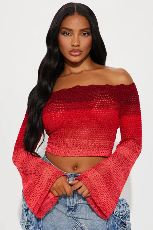 Summer Sunsets Off Shoulder Crochet Top - Red/combo sold by Fashion Nova