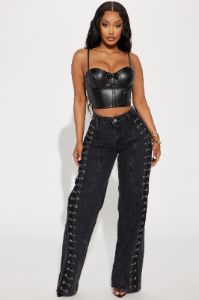 Mind Games Lace Up Non Stretch Straight Leg Jean - Black Wash sold by Fashion Nova