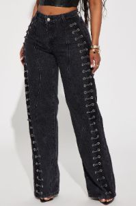 Mind Games Lace Up Non Stretch Straight Leg Jean - Black Wash sold by Fashion Nova