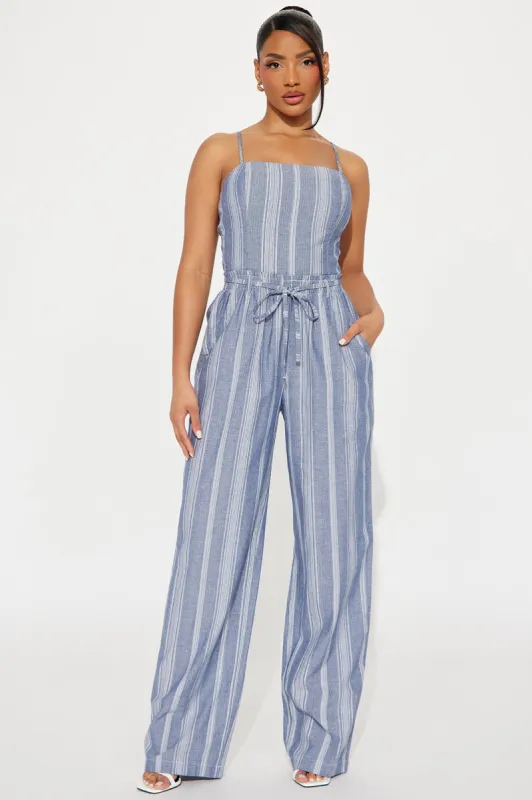 One Last Try Linen Jumpsuit - Blue sold by Fashion Nova