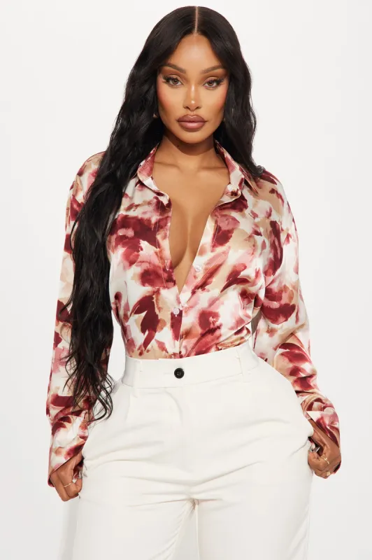 Secret Meeting Shirt - Burgundy/combo sold by Fashion Nova