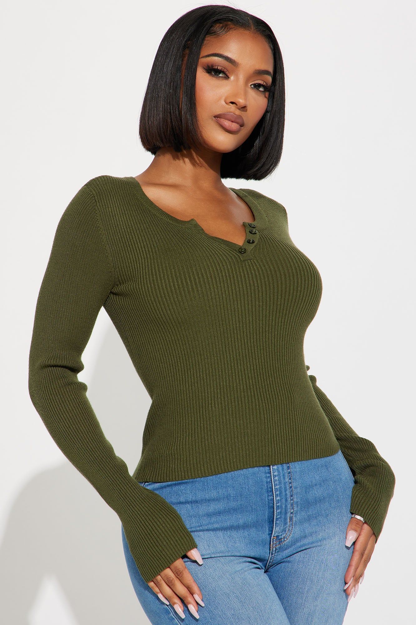 Shel Henley Sweater - Olive sold by Fashion Nova
