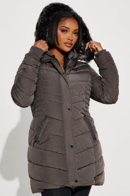Hugs In The Snow Long Puffer Jacket - Charcoal sold by Fashion Nova